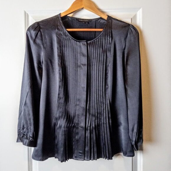 BCBGMaxAzria Charcoal Grey Pleated Silk LS Blouse - Picture 1 of 6